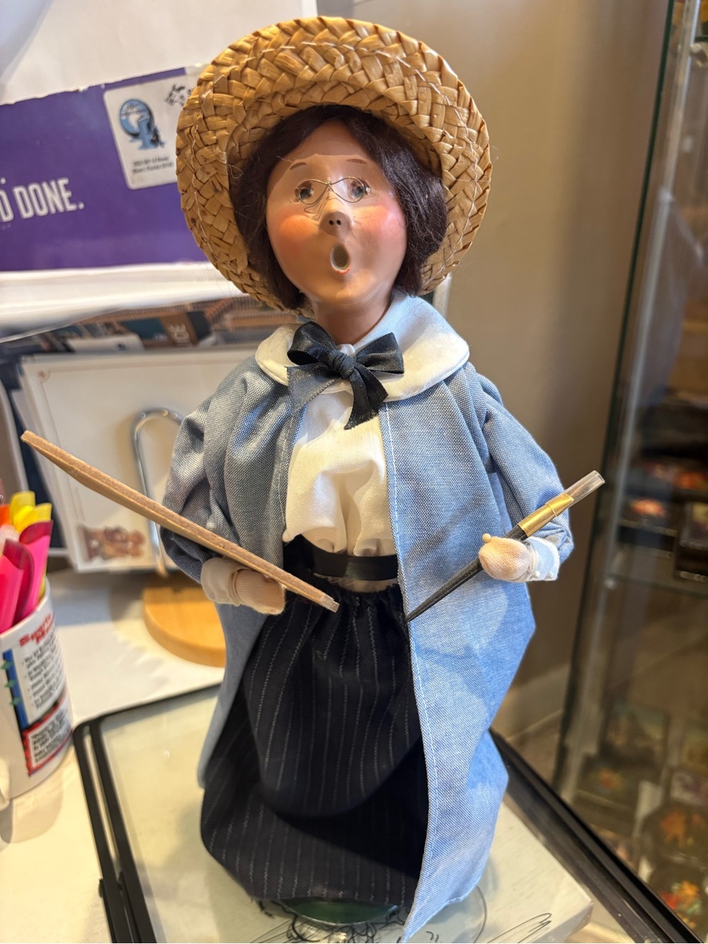 Handcrafted Blue and Cream Caroler Doll with Straw Hat
